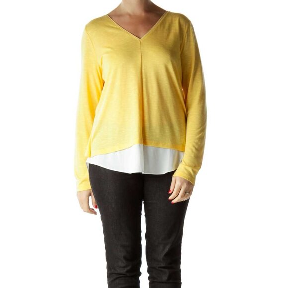 White House Black Market Tops - White House Black Market Yellow White Metallic Detail V-Neck Blouse